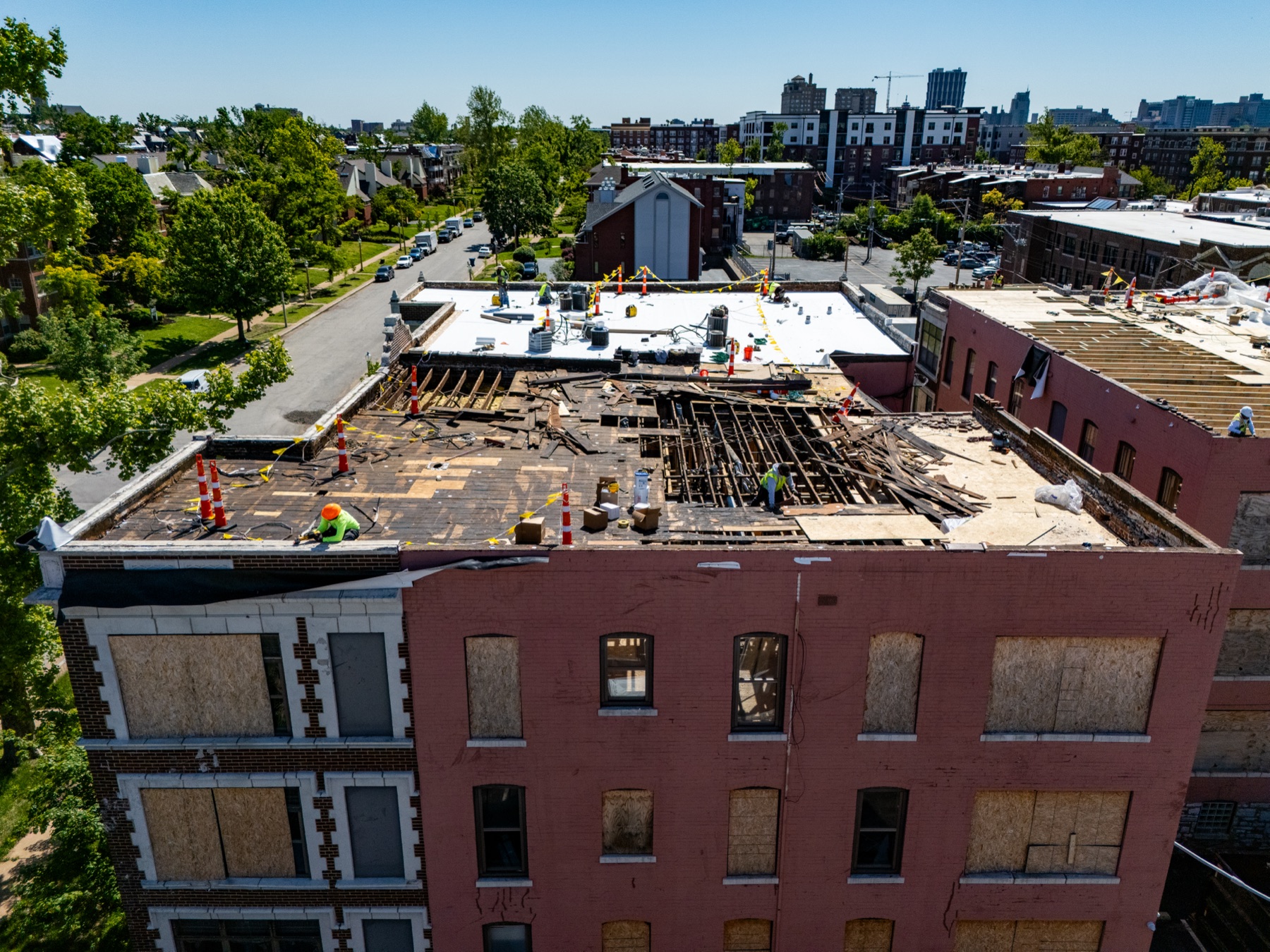 Oblique aerial detail of roofing work on a commercial building